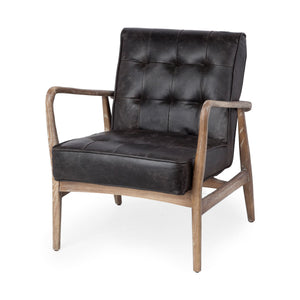 Mercana Phineas Accent Chair Black Leather | Brown Wood