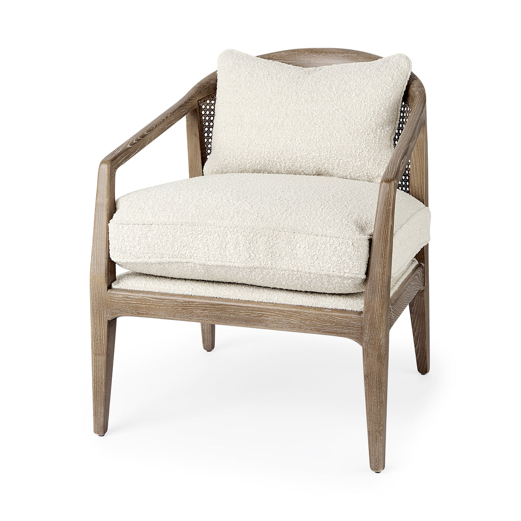 Mercana Landon Accent Chair Cream Fabric | Brown Wood