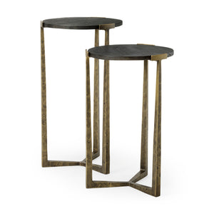 Mercana Atticus Accent Table Black Wood | Antiqued Gold Hammered Metal | Set of 2 Nesting