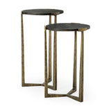 Mercana Atticus Accent Table Black Wood | Antiqued Gold Hammered Metal | Set of 2 Nesting