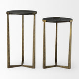 Mercana Atticus Accent Table Black Wood | Antiqued Gold Hammered Metal | Set of 2 Nesting