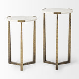 Mercana Atticus Accent Table White Marble | Antiqued Gold Hammered Metal | Set of 2 Nesting