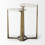 Mercana Atticus Accent Table White Marble | Antiqued Gold Hammered Metal | Set of 2 Nesting