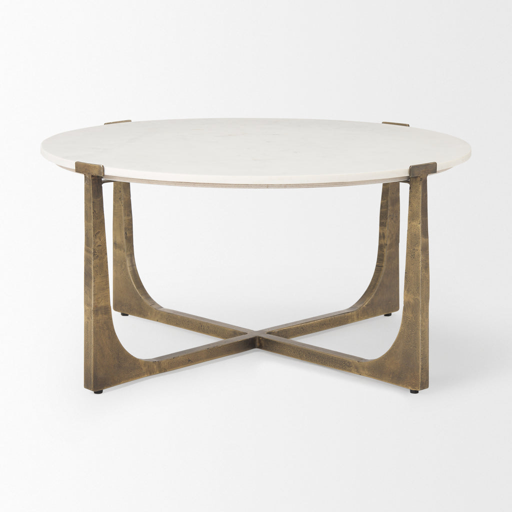 Mercana Atticus Coffee Table White Marble | Antiqued Gold Hammered Metal 