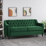 Noble House Knouff Modern Glam Tufted Velvet 3 Seater Sofa, Emerald and Dark Brown 