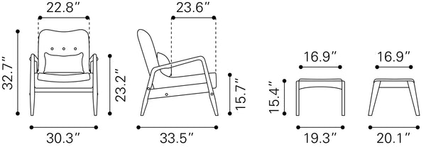 Zuo Modern Bully 100% Polyurethane, Rubberwood Mid Century Commercial Grade Lounge Chair and Ottoman Brown 100% Polyurethane, Rubberwood