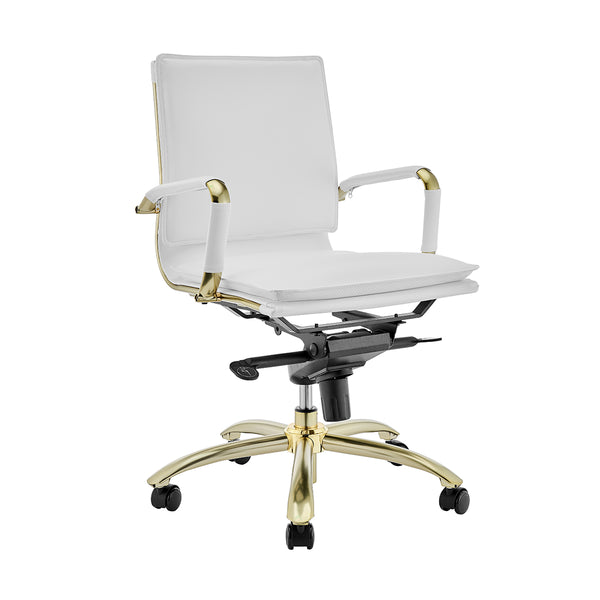 Gunar Pro Low Back Office Chair in White with Matte Brushed Gold Steel Base