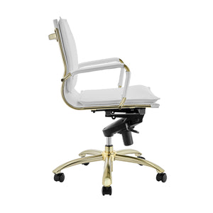 Gunar Pro Low Back Office Chair in White with Matte Brushed Gold Steel Base
