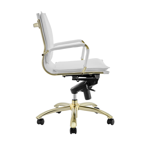 Gunar Pro Low Back Office Chair in White with Matte Brushed Gold Steel Base