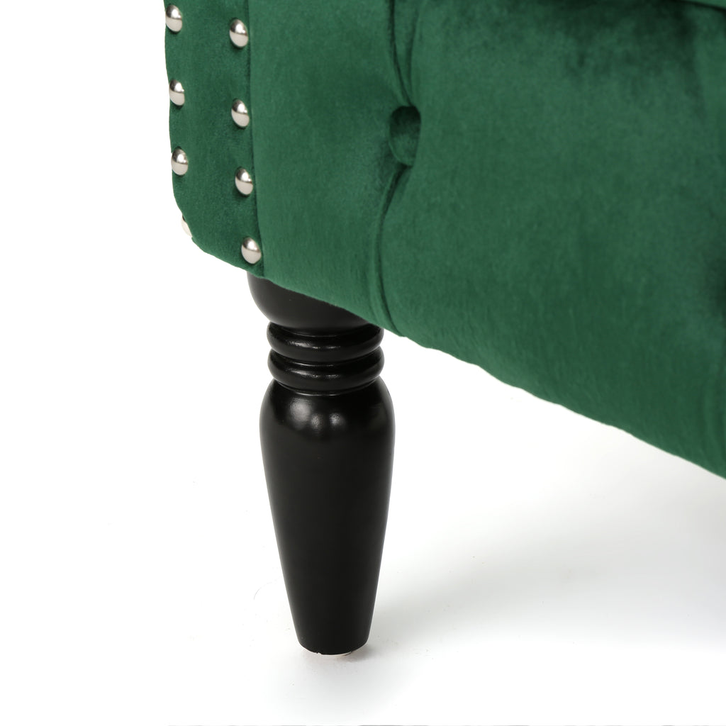 Milani Tufted Chesterfield Velvet Loveseat with Scrolled Arms, Emerald and Dark Brown Noble House
