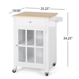 Maynard Contemporary Glass Paneled Kitchen Cart, Natural and White Noble House