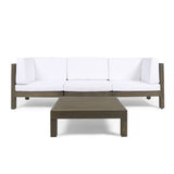 Brava Outdoor Modular Acacia Wood Sofa and Coffee Table Set with Cushions, Gray and White Noble House