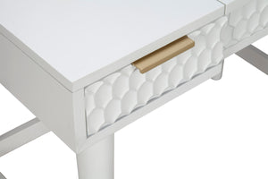 White Pearl Bedroom Vanity - Contemporary Mahogany Design with Textured Drawers & Hidden Mirror Storage