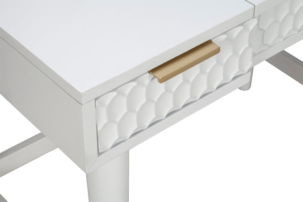 White Pearl Bedroom Vanity - Contemporary Mahogany Design with Textured Drawers & Hidden Mirror Storage