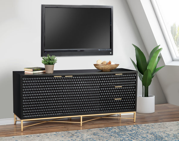 Black Pearl Media Console - Stylish Storage with Textured Fronts, Gold Accents & Mahogany Finish
