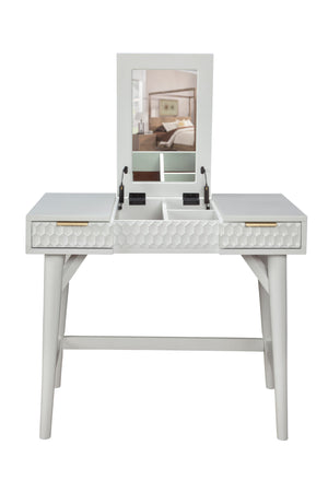 White Pearl Bedroom Vanity - Contemporary Mahogany Design with Textured Drawers & Hidden Mirror Storage