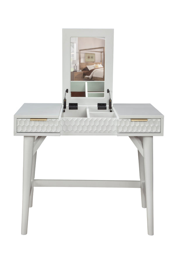 White Pearl Bedroom Vanity - Contemporary Mahogany Design with Textured Drawers & Hidden Mirror Storage