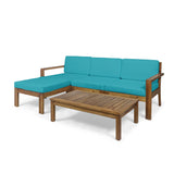 Santa Ana Outdoor 3 Seater Acacia Wood Sofa Sectional with Cushions, Teak and Teal Noble House