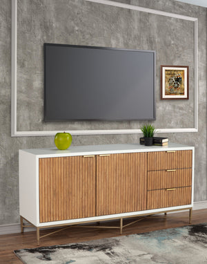 Larsen TV Console - Elegant White Mahogany with Gold Accents, Fully Assembled & Stylish Design