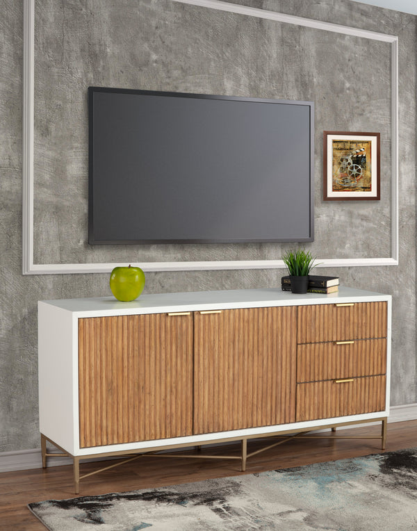 Larsen TV Console - Elegant White Mahogany with Gold Accents, Fully Assembled & Stylish Design
