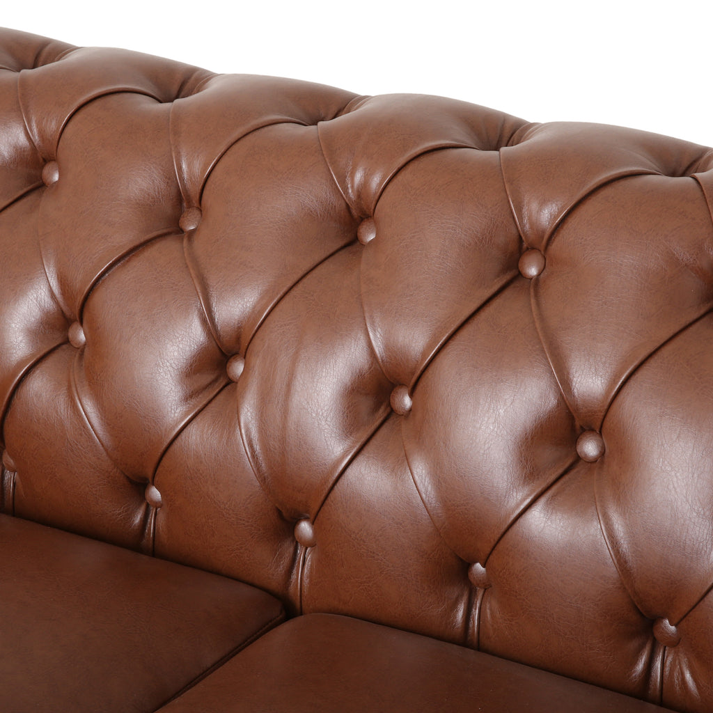 Castalia Chesterfield Tufted 3 Seater Sofa with Nailhead Trim, Cognac Brown and Natural Noble House