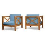 Brava Outdoor Acacia Wood Club Chairs with Cushions, Teak Finish and Blue Noble House