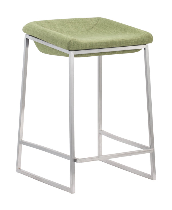 Zuo Modern Lids 100% Polyester, Stainless Steel Modern Commercial Grade Counter Stool Set - Set of 2 Green, Silver 100% Polyester, Stainless Steel