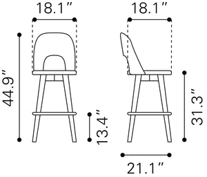 Zuo Modern Anton 100% Polyester, MDF, Rubberwood Scandinavian Commercial Grade Barstool Set - Set of 2 Walnut, Dark Gray 100% Polyester, MDF, Rubberwood