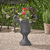 Delphine Outdoor Traditional Roman Chalice Garden Urn Planter with Frond Accents, Black Noble House