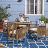 Casa Acacia Patio Dining Set, 4-Seater, 36" Square Table with Straight Legs, Gray Finish, Cream Outdoor Cushions Noble House