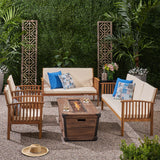 Carolina Outdoor 4 Piece Acacia Wood Conversational Set with Cushions and Fire Pit, Teak with Cream and Brown Noble House