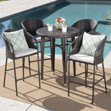 Noble House Dominica Outdoor 5 Piece 41 Inch Multibrown Wicker Round Bar Set with Light Brown Water Resistant Cushions
