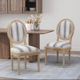 Phinnaeus French Country Fabric Dining Chairs, Dark Blue Stripes and Light Beige Noble House