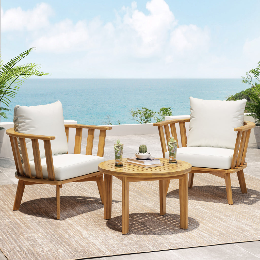 Solano Outdoor 2 Seater Wooden Chat Set with Round Coffee Table, White and Teak Finish Noble House