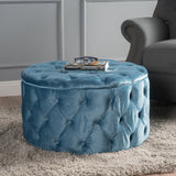 Zelfa Modern Glam Tufted Velvet Round Ottoman, Baby Blue and Black Noble House