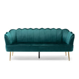 Reitz Modern Glam Velvet Channel Stitch 3 Seater Shell Sofa, Teal and Gold   Noble House