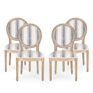 Phinnaeus French Country Fabric Dining Chairs, Dark Blue Stripes and Light Beige Noble House