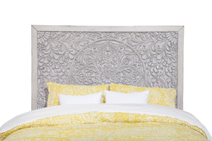 Aria California King Panel Bed - Handcrafted Mahogany with Floral Carvings in Weathered White Finish