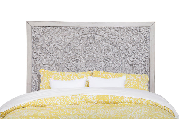 Aria California King Headboard - Handcrafted Floral Carvings in Weathered White Finish, Elegant Design