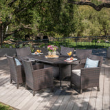 Noble House Cypress Outdoor 7 Piece Multibrown Wicker Round Dining Set with Light Brown Water Resistant Cushions
