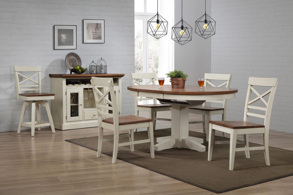 ECI Furniture Choices Round To Oval Table Complete, Antique White Antique White & Acacia Top Wood solids and veneers