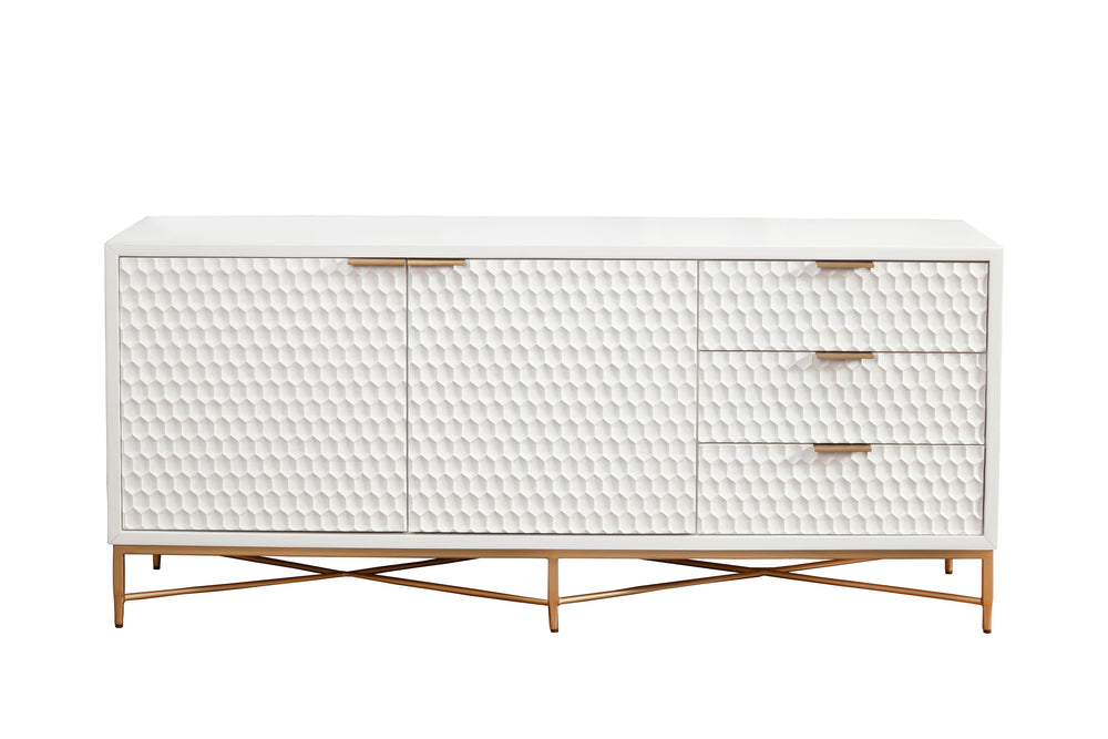White Pearl Media Console - Contemporary Design with Gold Accents, Ample Storage & Textured Style