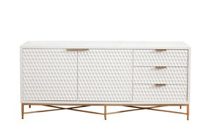 White Pearl Media Console - Contemporary Design with Gold Accents, Ample Storage & Textured Style