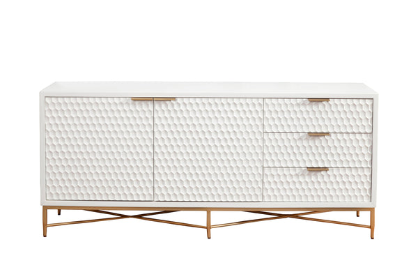 White Pearl Media Console - Contemporary Design with Gold Accents, Ample Storage & Textured Style