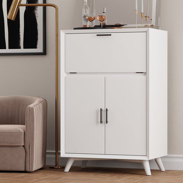 Alpine Furniture Flynn Large Bar Cabinet w/Drop Down Tray, White 966-W-16 White Mahogany Solids & Okoume Veneer 32 x 19 x 51