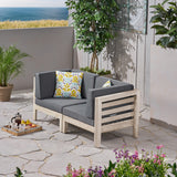 Oana Outdoor Modular Acacia Wood Loveseat with Cushions, Weathered Gray and Dark Gray Noble House