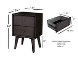 Alpine Furniture Flynn Mid Century Modern 2 Drawer Nightstand, Black 966BLK-02 Black Mahogany Solids & Okoume Veneer 18 x 15 x 26