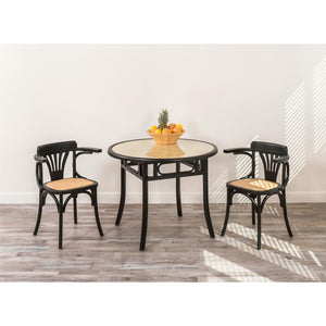Adna Dining Table in Black with Clear Tempered Glass Top over Cane in Natural