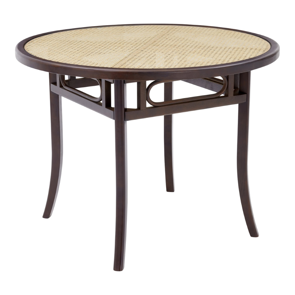 Adna Dining Table in Walnut with Clear Tempered Glass Top over Cane in Natural
