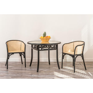Adna Dining Table in Black with Clear Tempered Glass Top over Cane in Natural